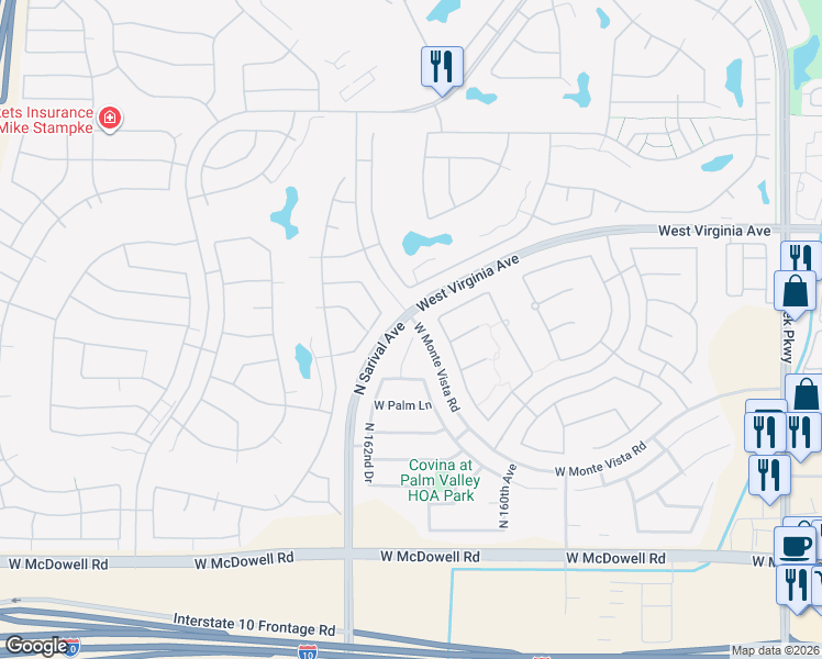 map of restaurants, bars, coffee shops, grocery stores, and more near 2300 North 162nd Avenue in Goodyear