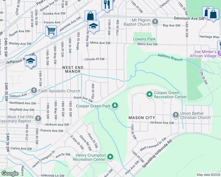 map of restaurants, bars, coffee shops, grocery stores, and more near 1633 17th Place Southwest in Birmingham