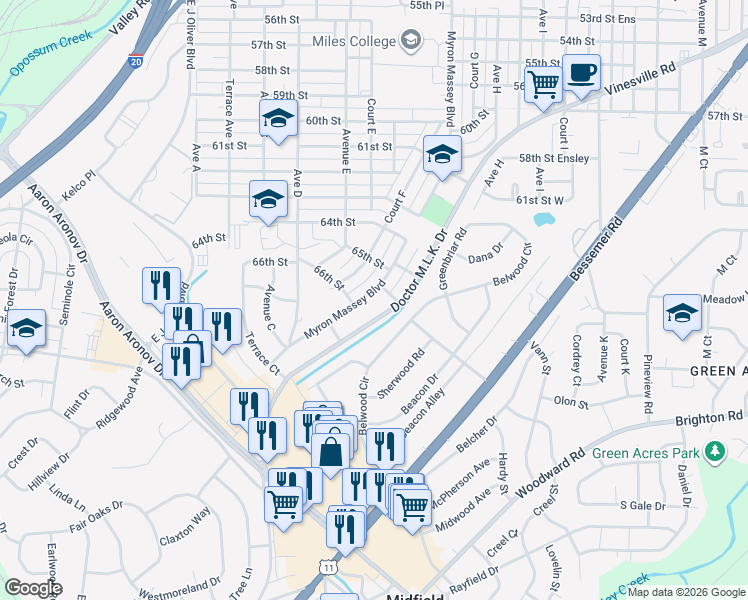 map of restaurants, bars, coffee shops, grocery stores, and more near 6600 Myron Massey Boulevard in Fairfield