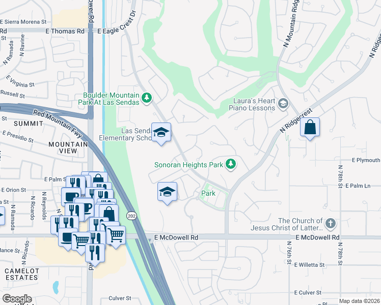 map of restaurants, bars, coffee shops, grocery stores, and more near 3055 North Red Mountain in Mesa