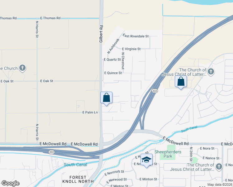 map of restaurants, bars, coffee shops, grocery stores, and more near 3111 North Gilbert Road in Mesa