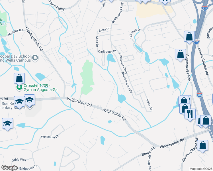 map of restaurants, bars, coffee shops, grocery stores, and more near 1333A Maddox Drive in Augusta