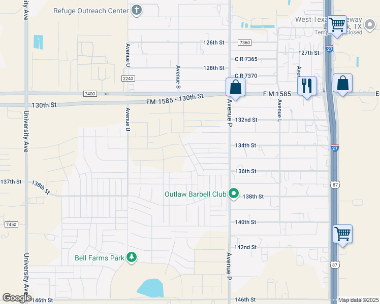 map of restaurants, bars, coffee shops, grocery stores, and more near 13403 Avenue P in Lubbock