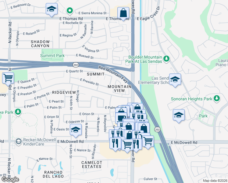 map of restaurants, bars, coffee shops, grocery stores, and more near 3203 North Saffron in Mesa