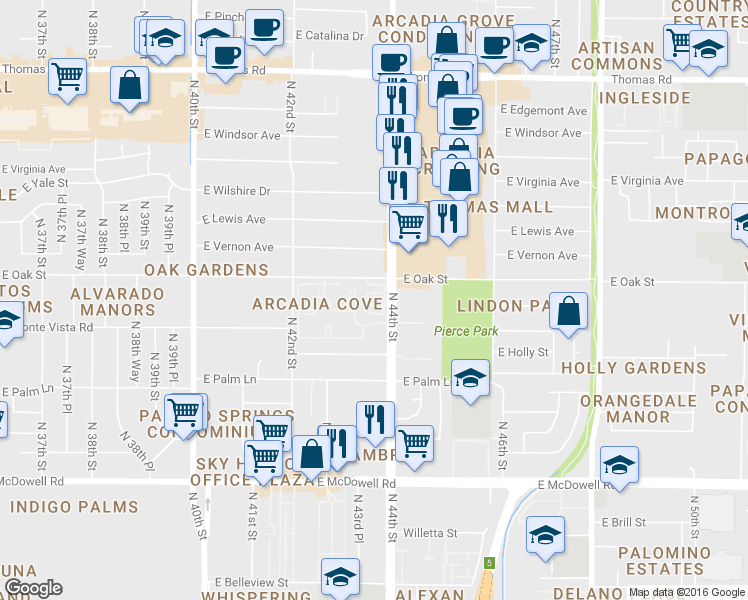 map of restaurants, bars, coffee shops, grocery stores, and more near 2252 North 44th Street in Phoenix