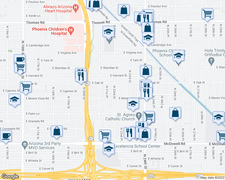 map of restaurants, bars, coffee shops, grocery stores, and more near 2236 North 22nd Street in Phoenix