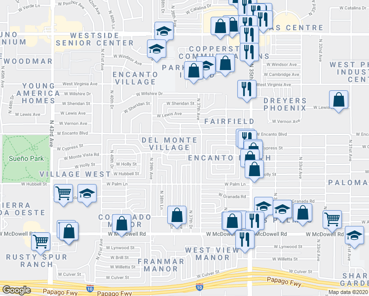 map of restaurants, bars, coffee shops, grocery stores, and more near 3728 West Cypress Street in Phoenix