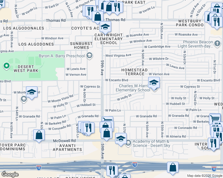 map of restaurants, bars, coffee shops, grocery stores, and more near 2239 North 58th Drive in Phoenix