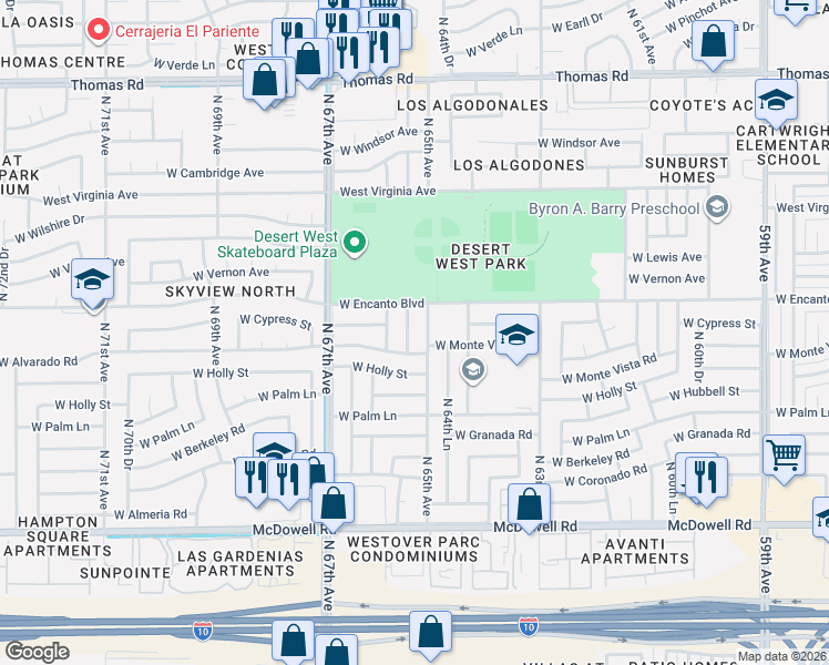 map of restaurants, bars, coffee shops, grocery stores, and more near 2227 North 65th Drive in Phoenix
