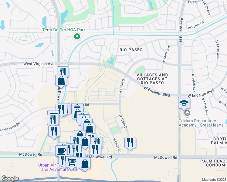 map of restaurants, bars, coffee shops, grocery stores, and more near North 150th Drive in Goodyear