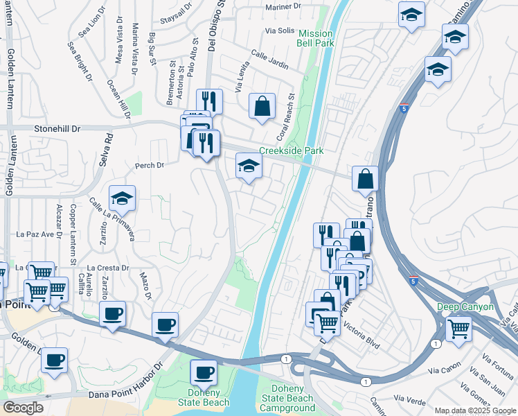 map of restaurants, bars, coffee shops, grocery stores, and more near 33762 Captains Lane in Dana Point