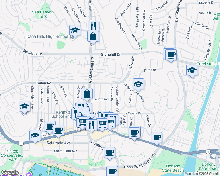 map of restaurants, bars, coffee shops, grocery stores, and more near 33752 Alcazar Drive in Dana Point