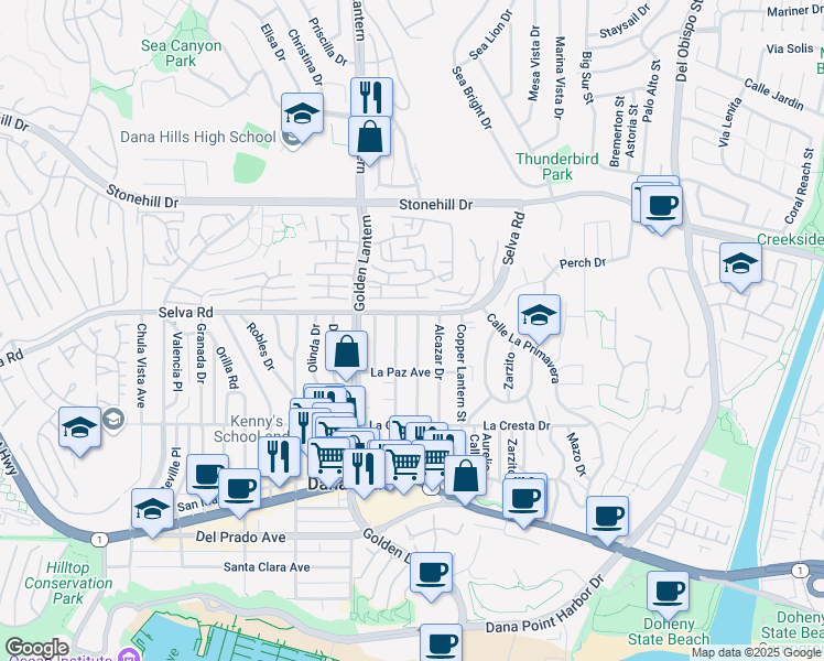 map of restaurants, bars, coffee shops, grocery stores, and more near 33752 Silver Lantern Street in Dana Point