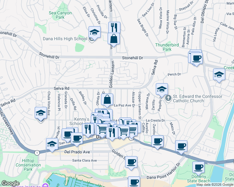 map of restaurants, bars, coffee shops, grocery stores, and more near 33752 Golden Lantern in Dana Point