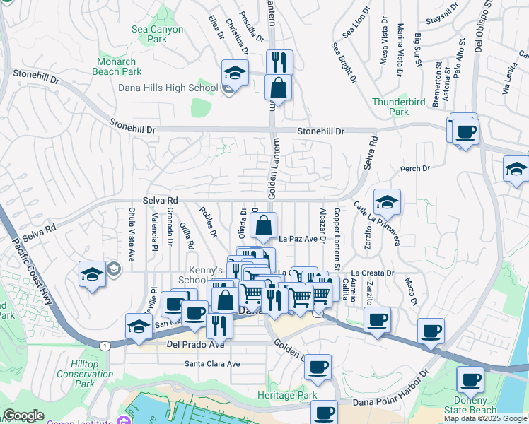 map of restaurants, bars, coffee shops, grocery stores, and more near in Dana Point