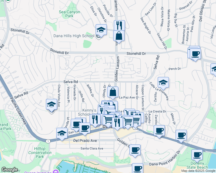 map of restaurants, bars, coffee shops, grocery stores, and more near 33751 Diana Drive in Dana Point