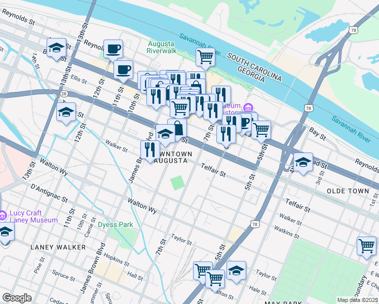 map of restaurants, bars, coffee shops, grocery stores, and more near 736 Greene Street in Augusta