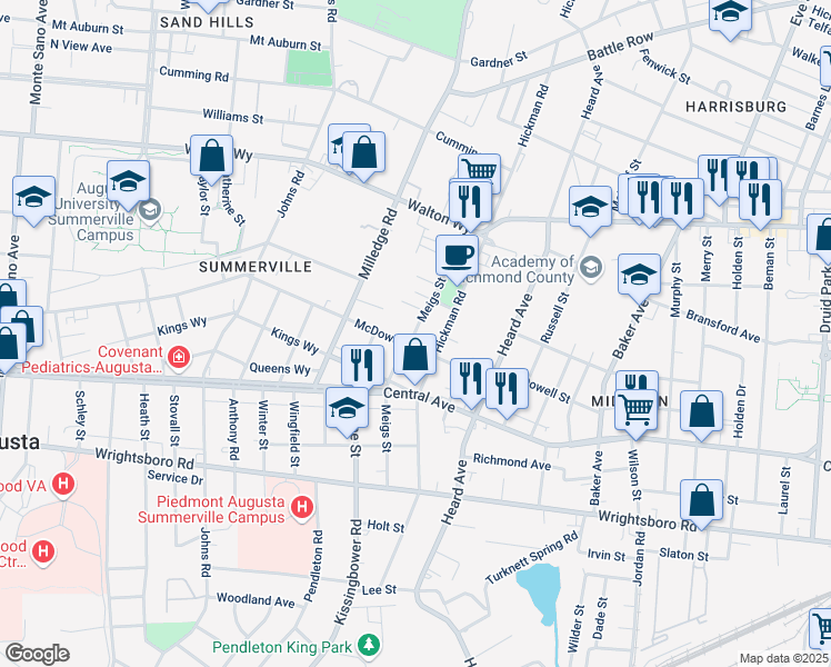 map of restaurants, bars, coffee shops, grocery stores, and more near 2124 Ansley Place West in Augusta