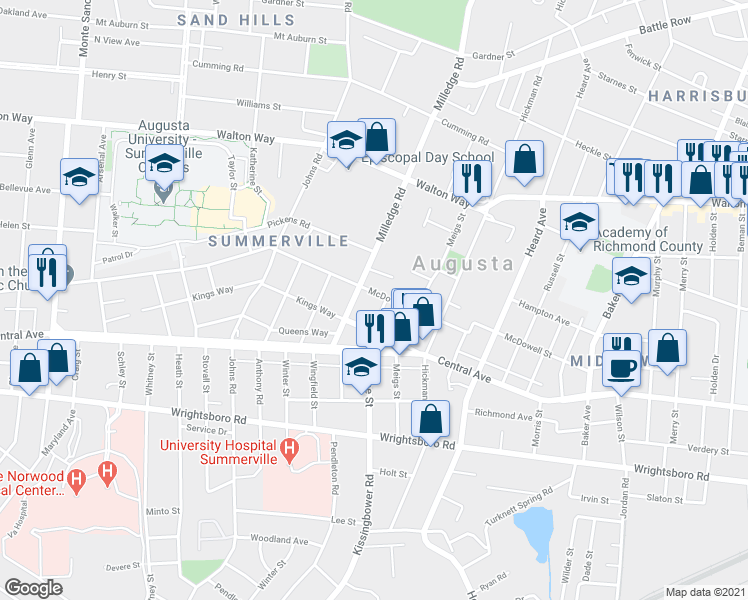 map of restaurants, bars, coffee shops, grocery stores, and more near 2133 McDowell Street in Augusta