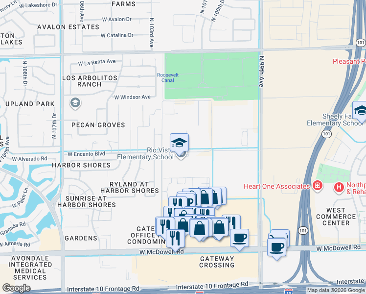 map of restaurants, bars, coffee shops, grocery stores, and more near 2333 North 102nd Drive in Avondale