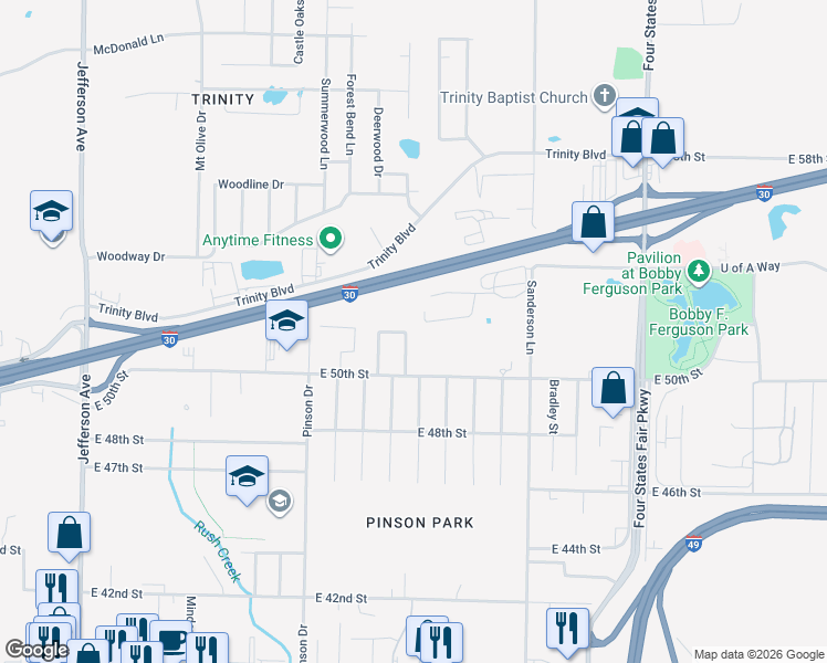 map of restaurants, bars, coffee shops, grocery stores, and more near 5050 Pinecrest Circle in Texarkana