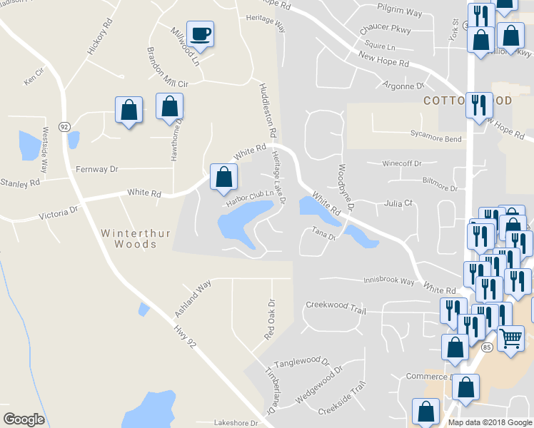 map of restaurants, bars, coffee shops, grocery stores, and more near 205 Heritage Lake Drive in Fayetteville