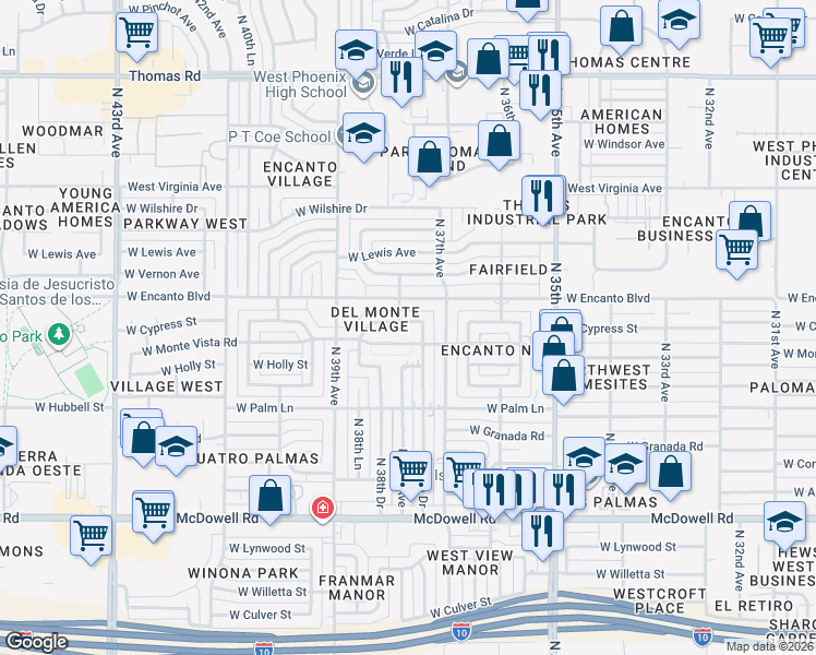 map of restaurants, bars, coffee shops, grocery stores, and more near 3728 West Cypress Street in Phoenix