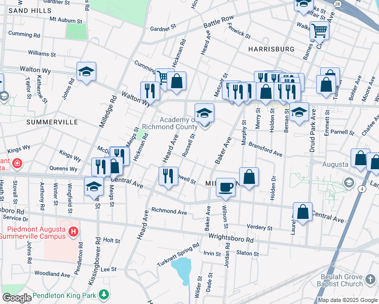 map of restaurants, bars, coffee shops, grocery stores, and more near 944 Russell Street in Augusta