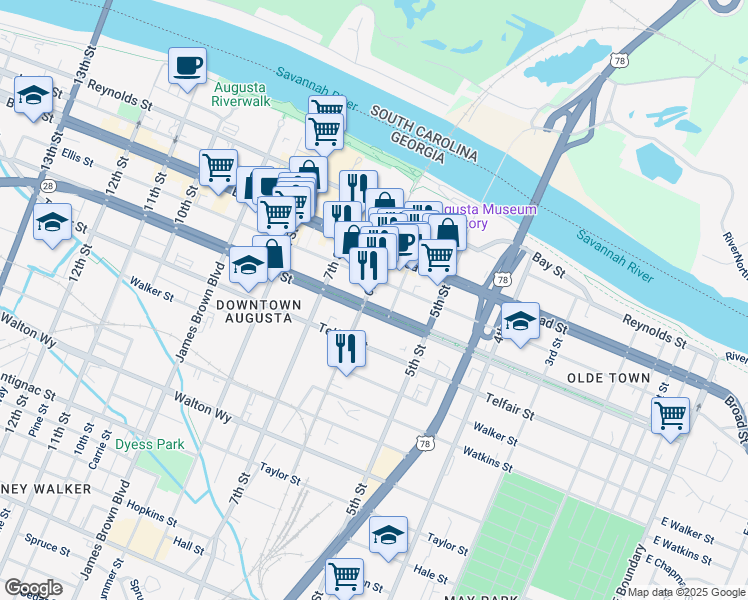 map of restaurants, bars, coffee shops, grocery stores, and more near 542 1/2 Ellis Street in Augusta