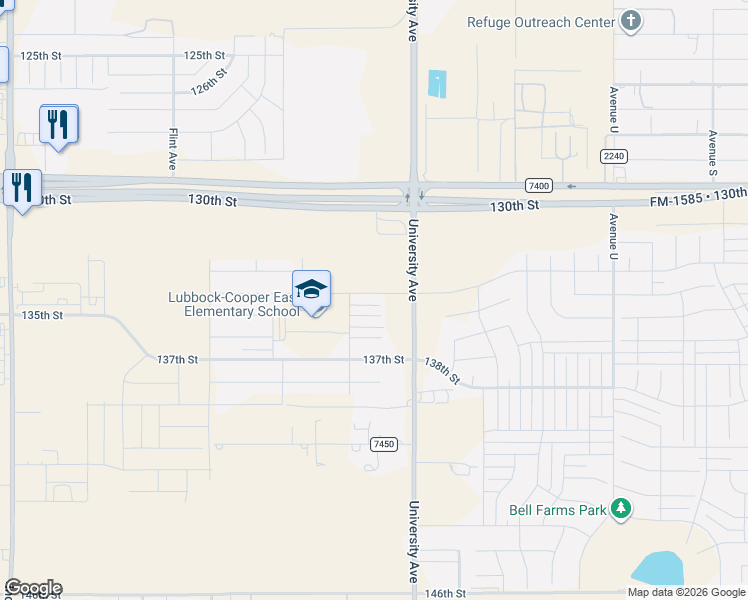 map of restaurants, bars, coffee shops, grocery stores, and more near 13000-13998 University Avenue in Lubbock