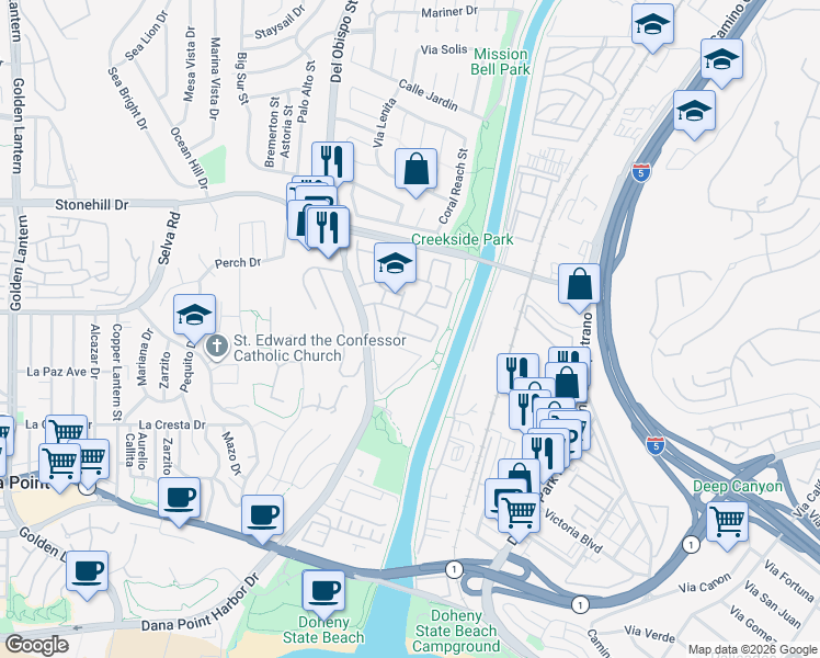 map of restaurants, bars, coffee shops, grocery stores, and more near 33766 Captains Lane in Dana Point