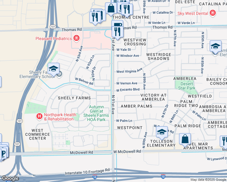 map of restaurants, bars, coffee shops, grocery stores, and more near N 91st Ave & W Encanto Blvd in Phoenix