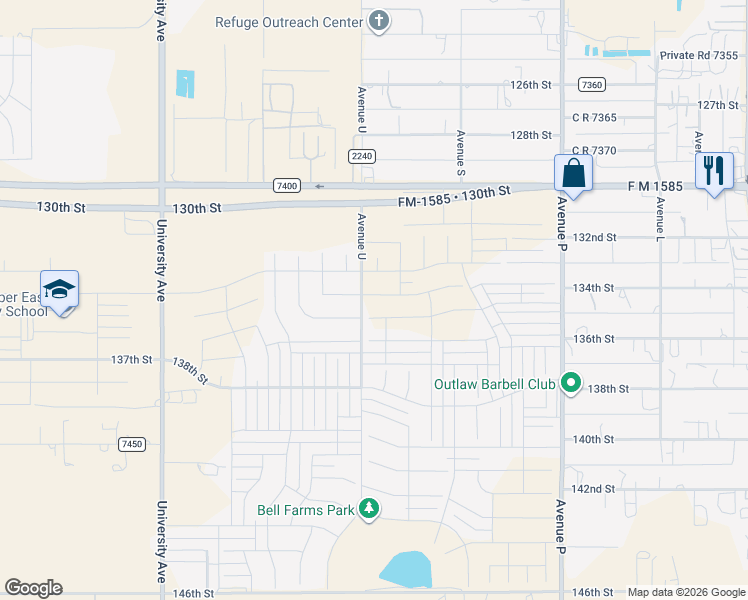 map of restaurants, bars, coffee shops, grocery stores, and more near 136th Street in Lubbock