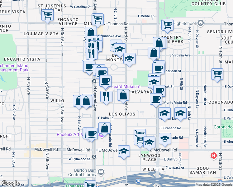 map of restaurants, bars, coffee shops, grocery stores, and more near 2233 North Alvarado Road in Phoenix