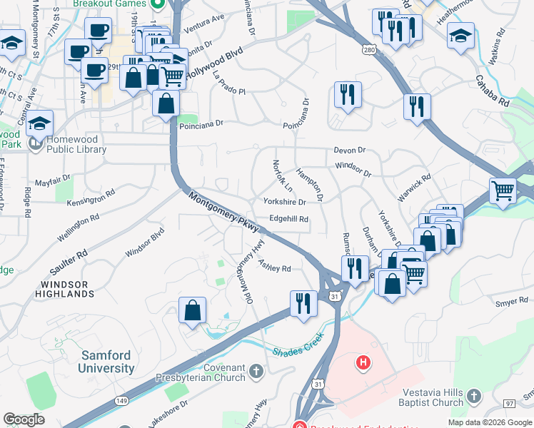 map of restaurants, bars, coffee shops, grocery stores, and more near 109 Yorkshire Drive in Birmingham