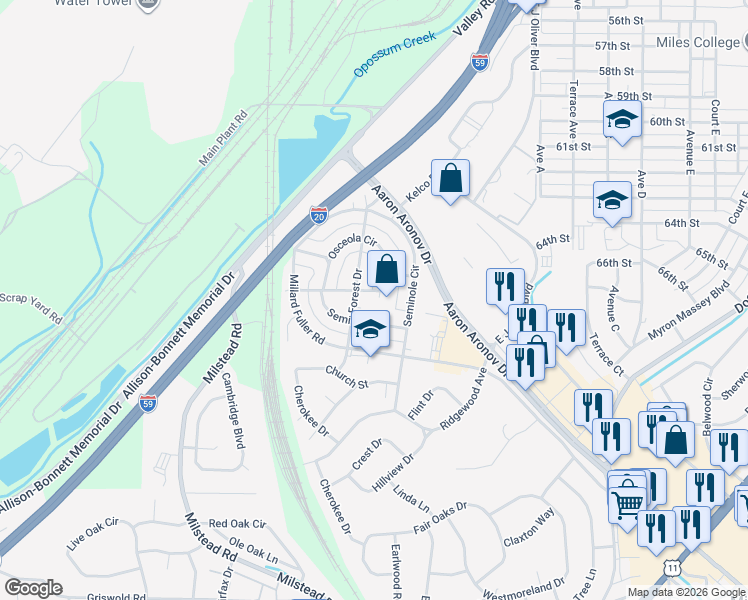 map of restaurants, bars, coffee shops, grocery stores, and more near 6637 Tensaw Court in Fairfield