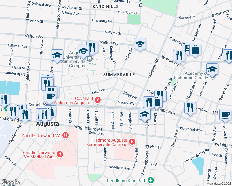 map of restaurants, bars, coffee shops, grocery stores, and more near 2242 Kings Way in Augusta
