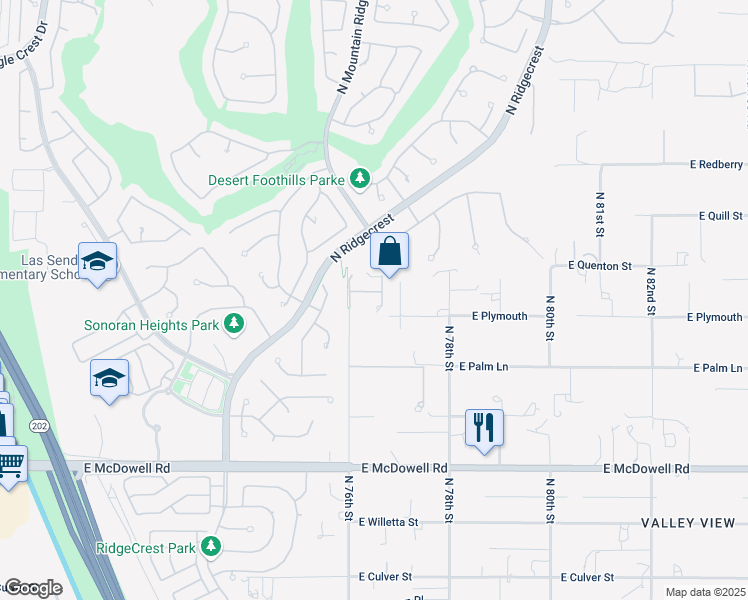 map of restaurants, bars, coffee shops, grocery stores, and more near 7631 East Presidio Street in Mesa