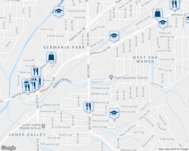 map of restaurants, bars, coffee shops, grocery stores, and more near 2398 Boise Avenue Southwest in Birmingham