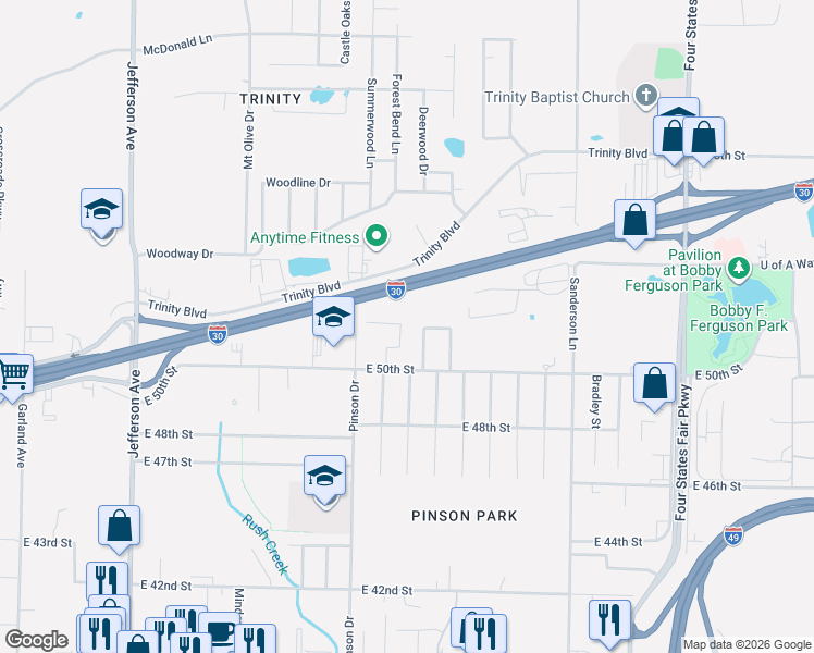 map of restaurants, bars, coffee shops, grocery stores, and more near 16 Cherokee Trail in Texarkana
