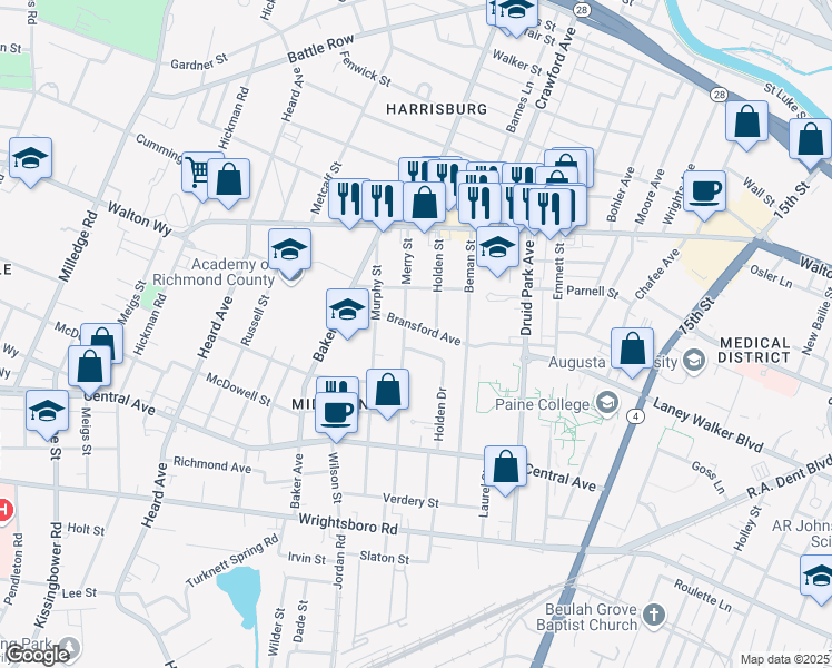 map of restaurants, bars, coffee shops, grocery stores, and more near 1716 Bransford Avenue in Augusta