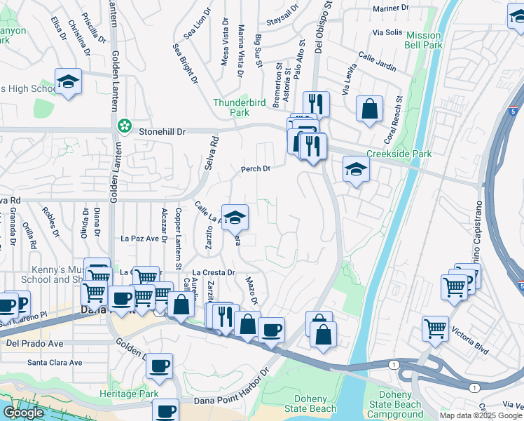 map of restaurants, bars, coffee shops, grocery stores, and more near 33762 Big Sur Street in Dana Point