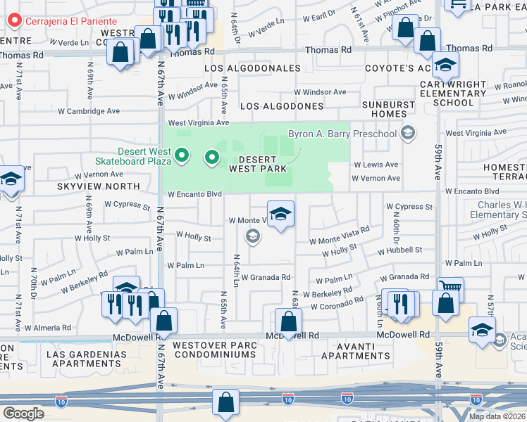 map of restaurants, bars, coffee shops, grocery stores, and more near 6342 West Cypress Street in Phoenix