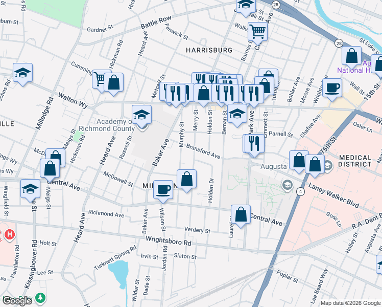 map of restaurants, bars, coffee shops, grocery stores, and more near 1104 Murphy Street in Augusta