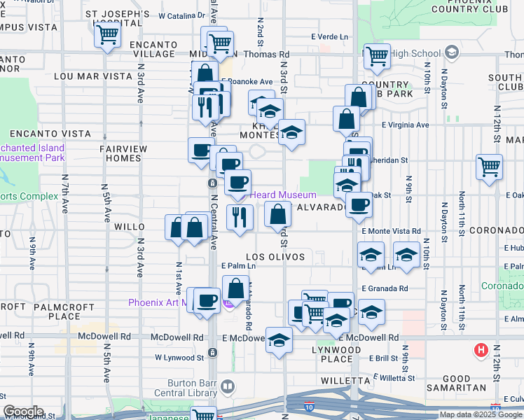 map of restaurants, bars, coffee shops, grocery stores, and more near 2233 North Alvarado Road in Phoenix