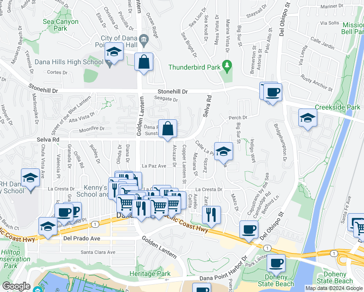 map of restaurants, bars, coffee shops, grocery stores, and more near 33771 Copper Lantern Street in Dana Point