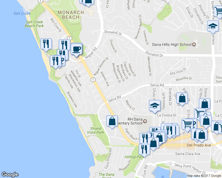 map of restaurants, bars, coffee shops, grocery stores, and more near 23902 Amundsen Bay in Dana Point