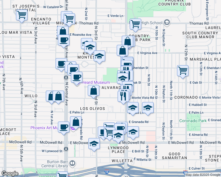 map of restaurants, bars, coffee shops, grocery stores, and more near 345 East Alvarado Road in Phoenix