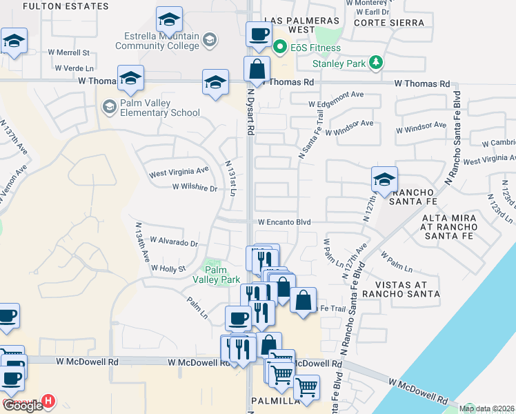 map of restaurants, bars, coffee shops, grocery stores, and more near 13114 West Sheridan Street in Goodyear