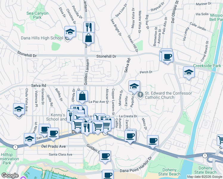 map of restaurants, bars, coffee shops, grocery stores, and more near 33771 Copper Lantern Street in Dana Point